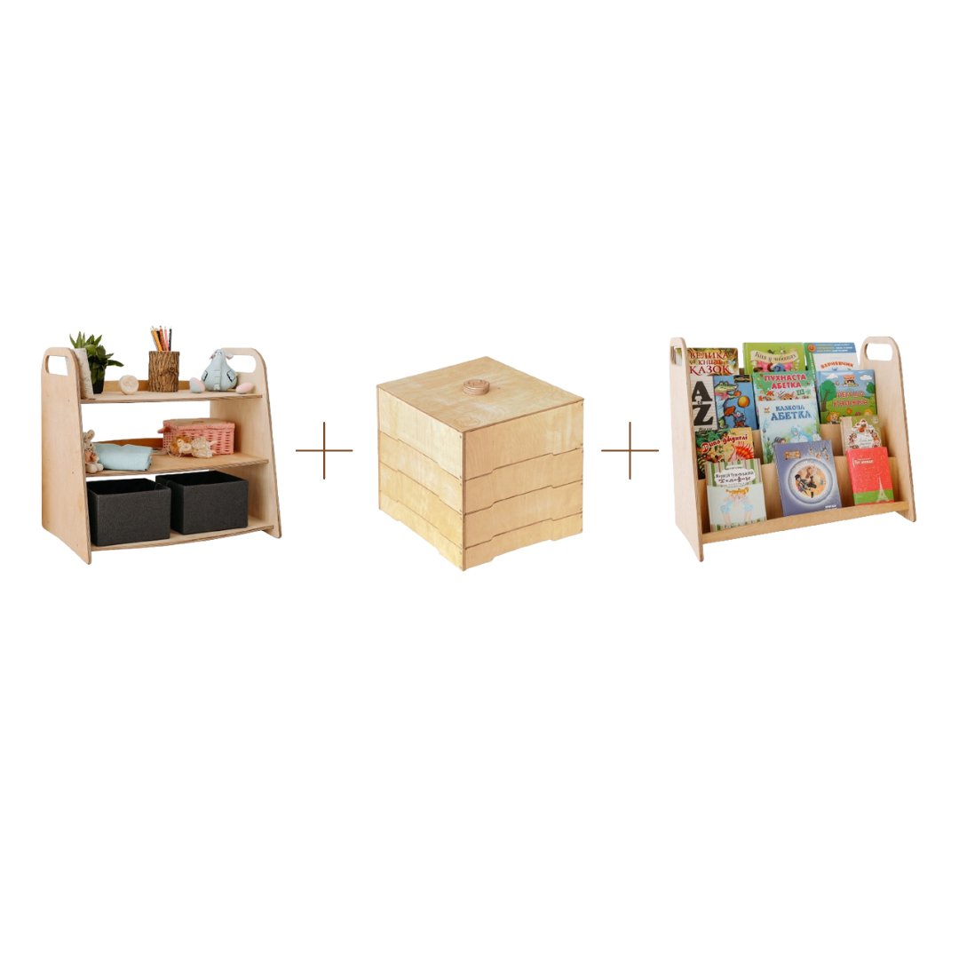 3in1 Montessori Shelves Set: Bookshelf + Toy Shelf + Lego sorter by Goodevas