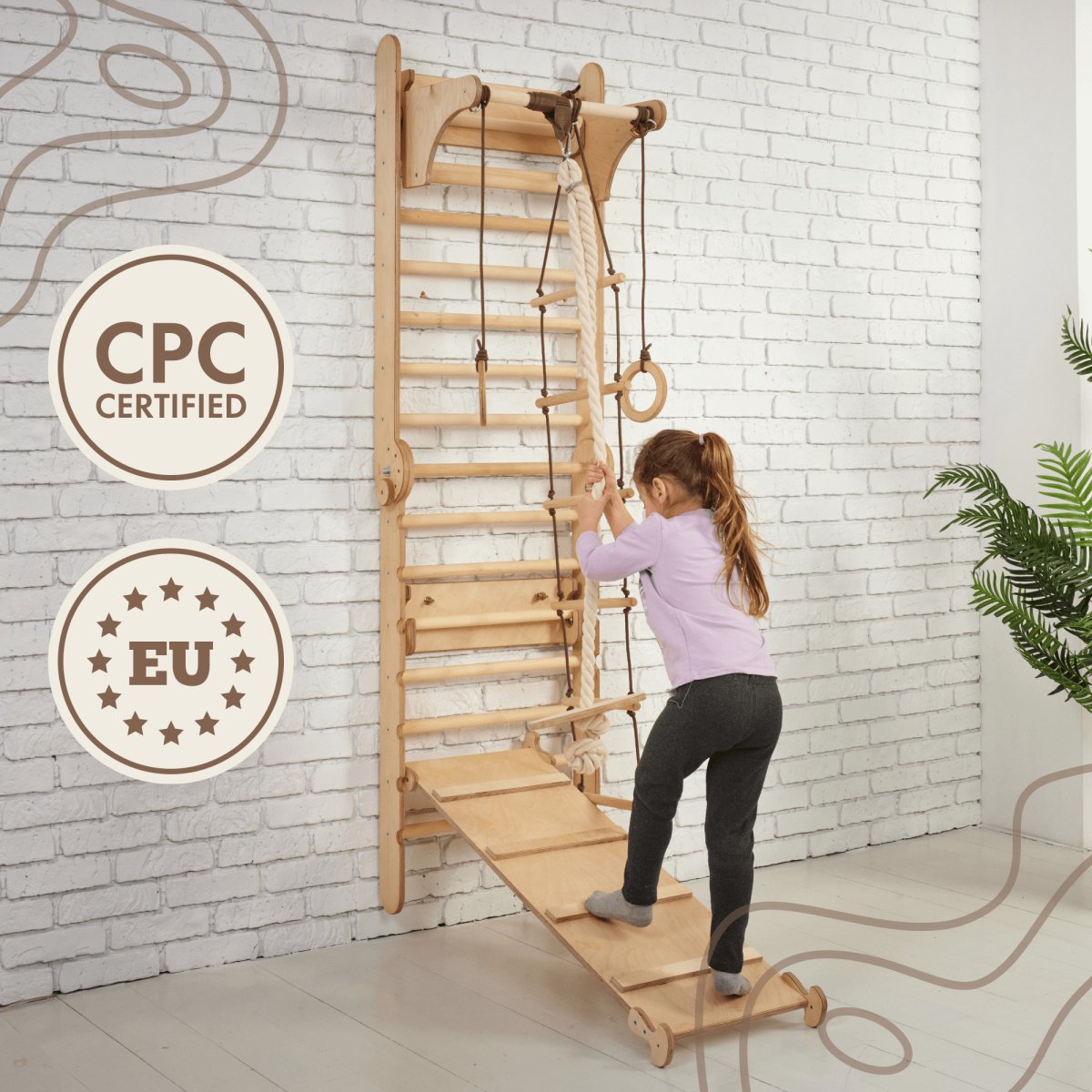 3in1 Wooden Swedish Wall / Climbing ladder for Children + Swing Set + Slide Board by Goodevas