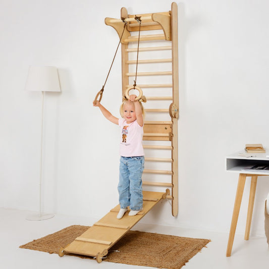 3in1 Wooden Swedish Wall / Climbing ladder for Children + Swing Set + Slide Board by Goodevas