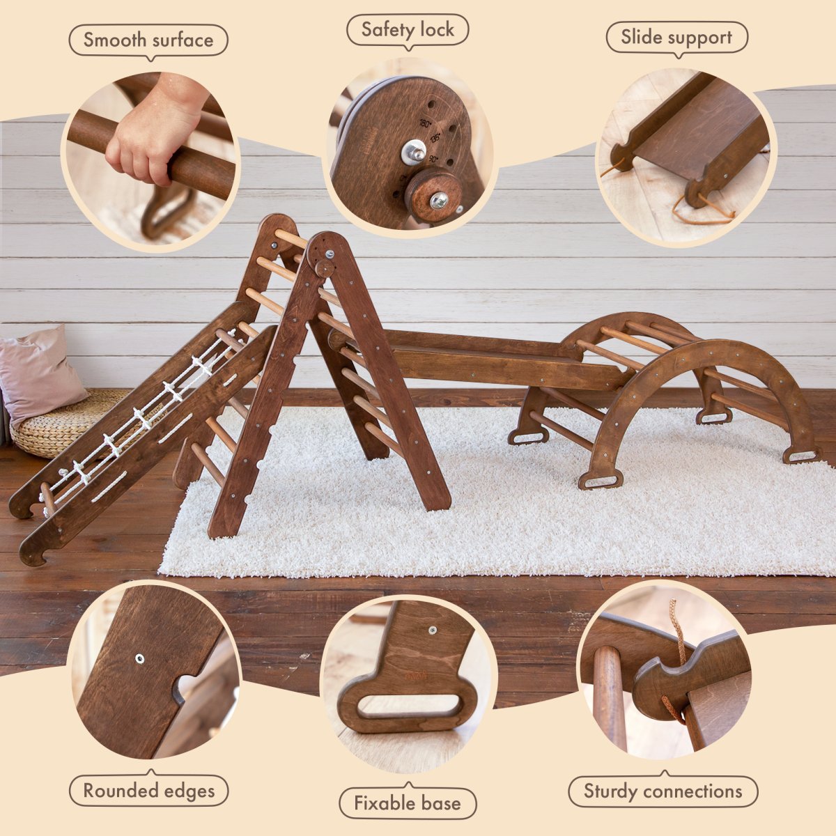 4in1 Montessori Climbing Set: Triangle Ladder + Arch/Rocker + Slide Board/Ramp + Net – Chocolate by Goodevas