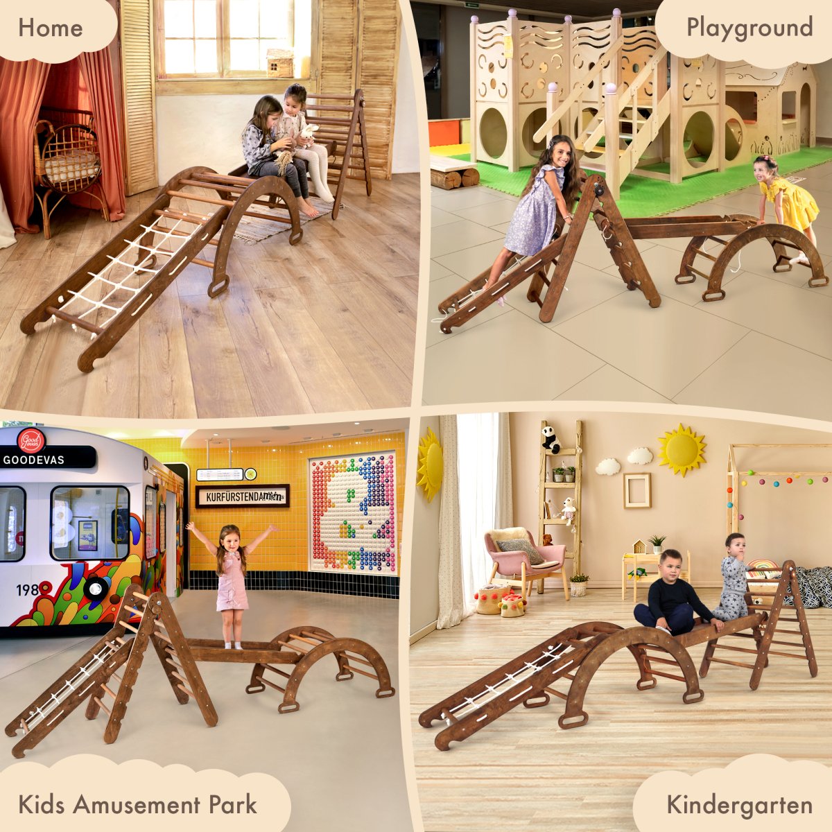 4in1 Montessori Climbing Set: Triangle Ladder + Arch/Rocker + Slide Board/Ramp + Net – Chocolate by Goodevas